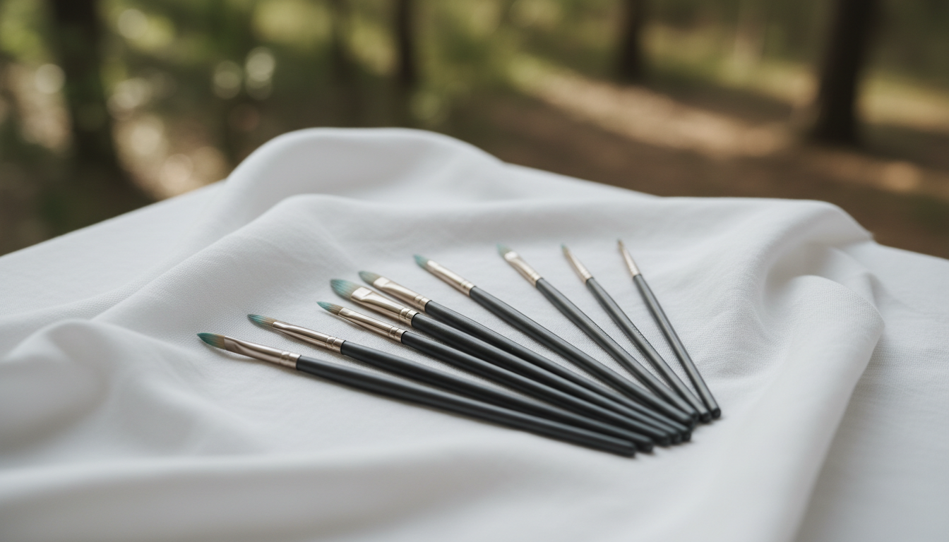 A minimalist, high-resolution image of a set of fine detail body painting brushes—sleek handles, soft bristles stained with hints of muted turquoise and sand colors—artfully arranged on a pure white draped linen, set against a background that softly transitions into an out-of-focus forest scene. The lighting is soft and diffused, creating gentle shadows and highlighting the elegant contours and textures of each brush. Shot from a slightly oblique angle with a shallow depth of field, the composition is poised and elegant, conveying quiet creativity and professional artistry while maintaining a sophisticated, refined mood.