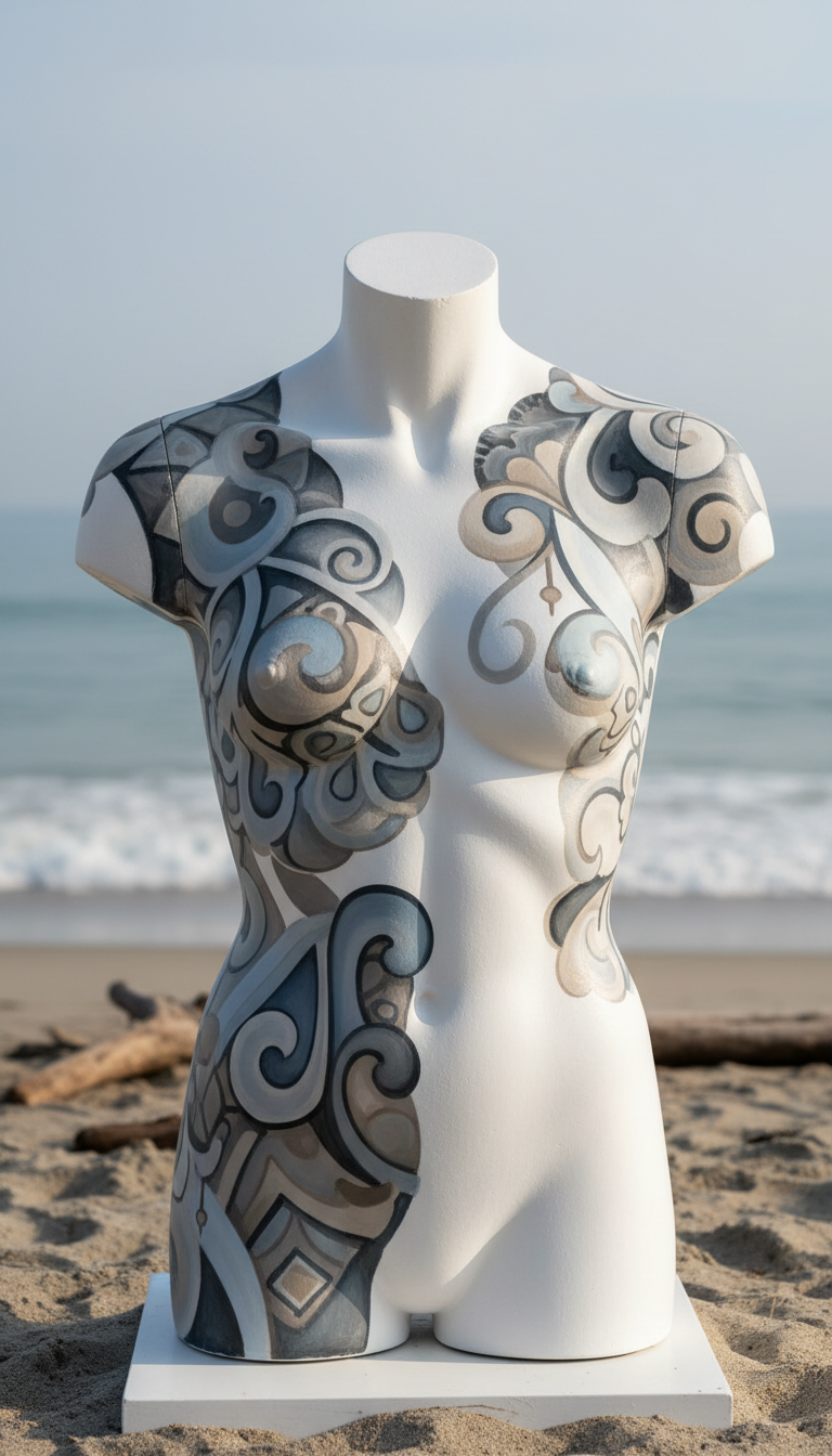 A stark white, sculptural mannequin torso serving as the canvas for intricate, large-scale body painting inspired by temporary tattoos, featuring abstract, flowing shapes in muted blues, soft greys, and subtle taupe. The mannequin is positioned against a sandy, blurred beach backdrop, with gentle waves and driftwood barely visible. The scene is illuminated by diffused morning light, casting soft, elongated shadows and delicate gradients over the body art, emphasizing refined brushwork. Framed in a clean, minimalist composition at eye-level, the atmosphere is serene, sophisticated, and contemplative. Photographic realism with a muted palette, highlighting the artistry in a portfolio-ready presentation.