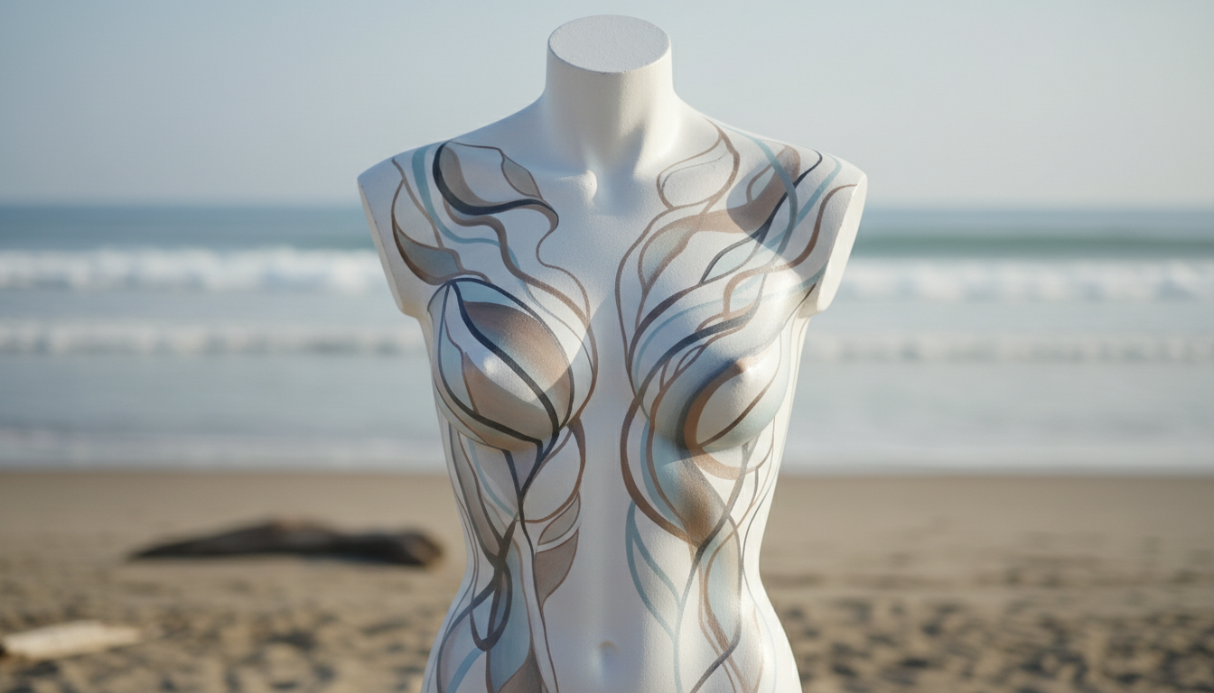 A stark white, sculptural mannequin torso serving as the canvas for intricate, large-scale body painting inspired by temporary tattoos, featuring abstract, flowing shapes in muted blues, soft greys, and subtle taupe. The mannequin is positioned against a sandy, blurred beach backdrop, with gentle waves and driftwood barely visible. The scene is illuminated by diffused morning light, casting soft, elongated shadows and delicate gradients over the body art, emphasizing refined brushwork. Framed in a clean, minimalist composition at eye-level, the atmosphere is serene, sophisticated, and contemplative. Photographic realism with a muted palette, highlighting the artistry in a portfolio-ready presentation.