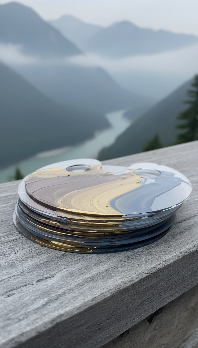 A collection of stacked, curved acrylic palettes coated with mixed, creamy body paint in subdued metallic and earthy tones—deep pewter, soft gold, and slate—resting on a smooth, natural stone ledge nestled beside a tranquil mountain vista. The setup is bathed in cool, diffused daylight filtering through light mountain mist, creating elegant gradients on the paint’s surface. Photographed from a low angle, with strong foreground focus and a gradual blur into the natural backdrop. The minimalist arrangement and refined texture detail evoke a sense of creative anticipation and quiet sophistication, designed for a polished, artistic portfolio.