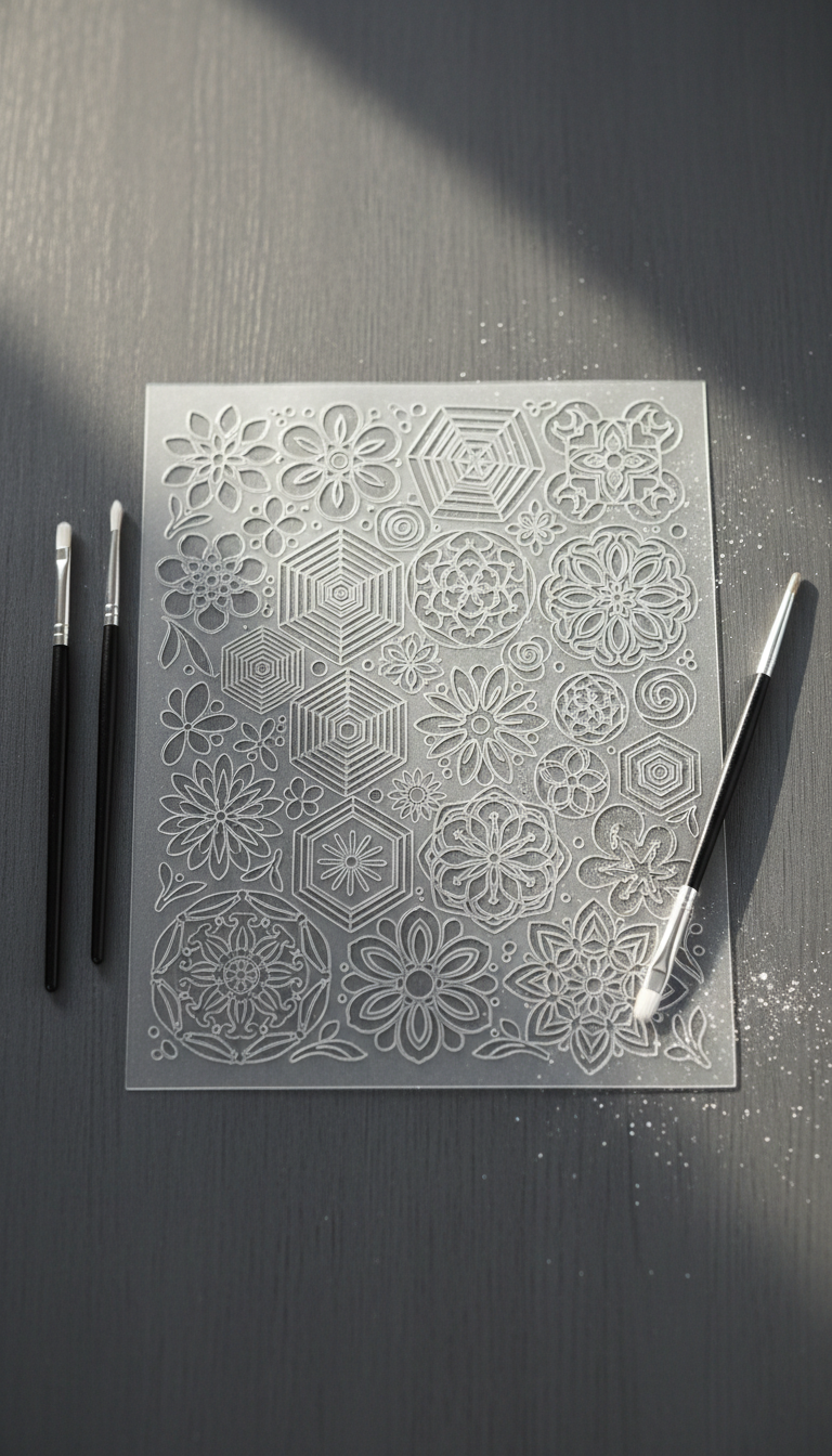 An ultra-refined close-up on the textured surface of a body art stencil sheet, featuring geometric and organic cutouts with crisp edges, lying neatly atop a slate-gray wooden table. Around the stencil are a few precision brushes and a faint trace of chalk dust. The entire composition is lit by soft, natural light streaming in sidewise, forming gentle shadows and emphasizing subtle gradients and the intricate pattern work. The camera is positioned for a top-down, centered view, with a shallow depth of field giving the tools a subtle, sophisticated presence. The mood is contemplative and precise, aligning with a clean, minimalist photographic style.