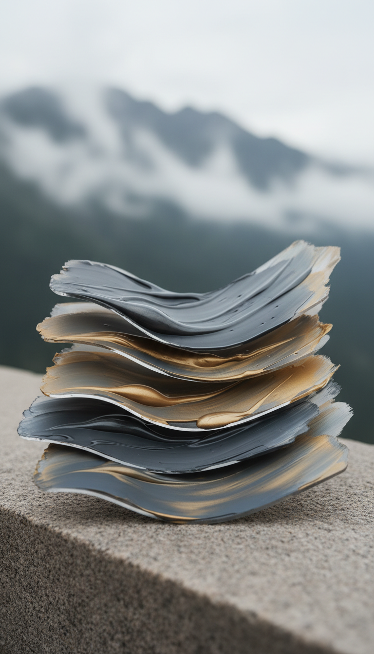 A collection of stacked, curved acrylic palettes coated with mixed, creamy body paint in subdued metallic and earthy tones—deep pewter, soft gold, and slate—resting on a smooth, natural stone ledge nestled beside a tranquil mountain vista. The setup is bathed in cool, diffused daylight filtering through light mountain mist, creating elegant gradients on the paint’s surface. Photographed from a low angle, with strong foreground focus and a gradual blur into the natural backdrop. The minimalist arrangement and refined texture detail evoke a sense of creative anticipation and quiet sophistication, designed for a polished, artistic portfolio.