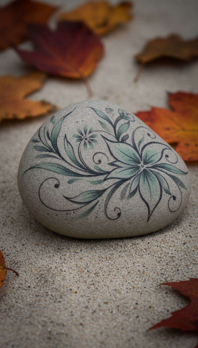 A flawlessly painted, temporary tattoo-inspired design displayed on a smooth, curving river stone, featuring abstract botanical elements in pale charcoal and washed emerald tones. The stone rests on fine-grain sand, with blurred, fallen autumn leaves at the periphery to suggest a forest setting. Soft, overcast natural light produces subtle, moody gradients and fine surface details. The shot is cropped with asymmetrical balance, placing the stone off-center for a visually engaging portfolio image. The overall style is photographic realism with a minimalist, elegant touch suitable for a sophisticated body art website.