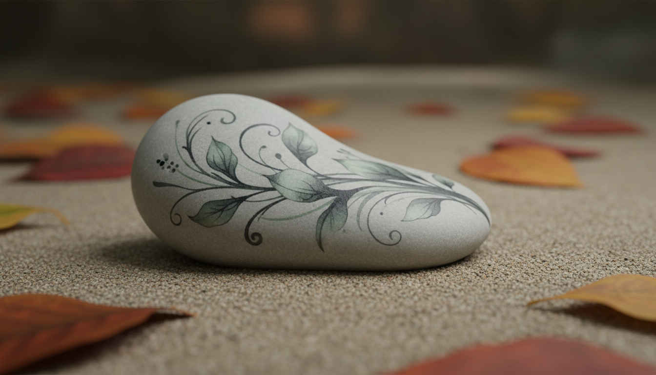 A flawlessly painted, temporary tattoo-inspired design displayed on a smooth, curving river stone, featuring abstract botanical elements in pale charcoal and washed emerald tones. The stone rests on fine-grain sand, with blurred, fallen autumn leaves at the periphery to suggest a forest setting. Soft, overcast natural light produces subtle, moody gradients and fine surface details. The shot is cropped with asymmetrical balance, placing the stone off-center for a visually engaging portfolio image. The overall style is photographic realism with a minimalist, elegant touch suitable for a sophisticated body art website.