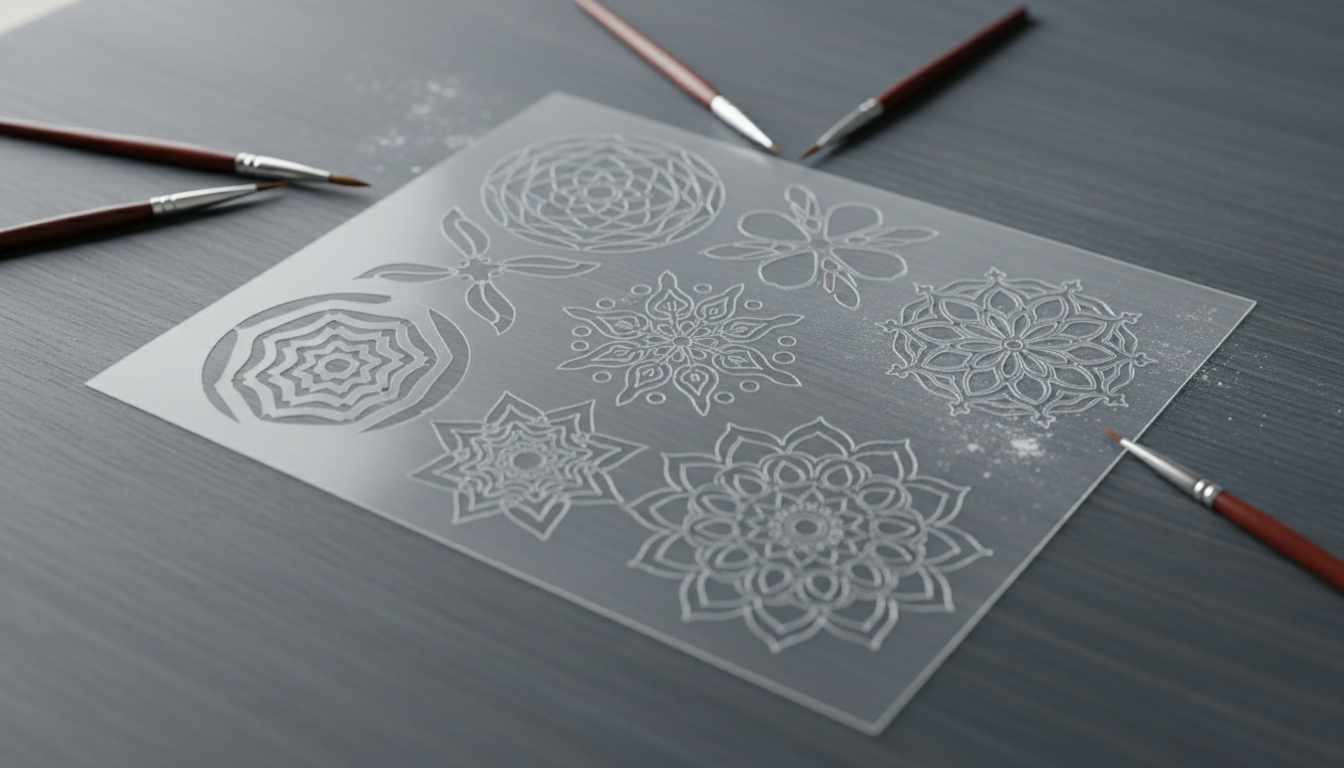 An ultra-refined close-up on the textured surface of a body art stencil sheet, featuring geometric and organic cutouts with crisp edges, lying neatly atop a slate-gray wooden table. Around the stencil are a few precision brushes and a faint trace of chalk dust. The entire composition is lit by soft, natural light streaming in sidewise, forming gentle shadows and emphasizing subtle gradients and the intricate pattern work. The camera is positioned for a top-down, centered view, with a shallow depth of field giving the tools a subtle, sophisticated presence. The mood is contemplative and precise, aligning with a clean, minimalist photographic style.